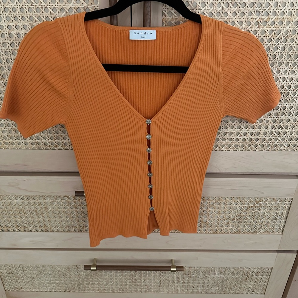 Sandro Orange Ribbed V-Neck Blouse